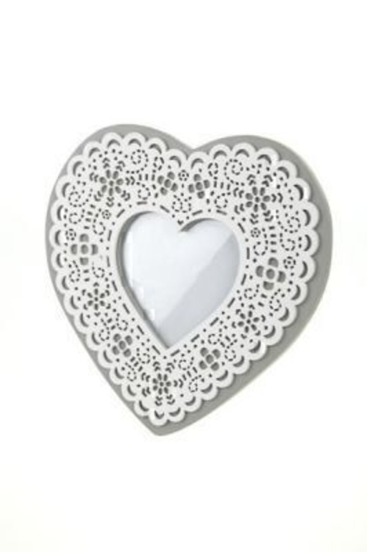 Wooden Lace Effect Heart Photo Frame by Heaven Sends Grey heart shaped frame with white heart cut out design overlay. Stand bracket on back means it can be put on a desk, window ledge or sideboard.  20.5x23x1.5cm. Heart shape aperture that holds phot